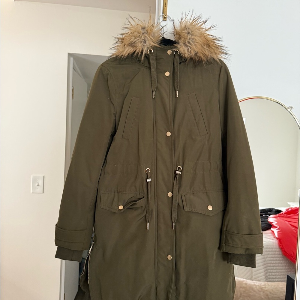 Miss Selfridge Green Utility Jacket with Fur-Trimmed Hood